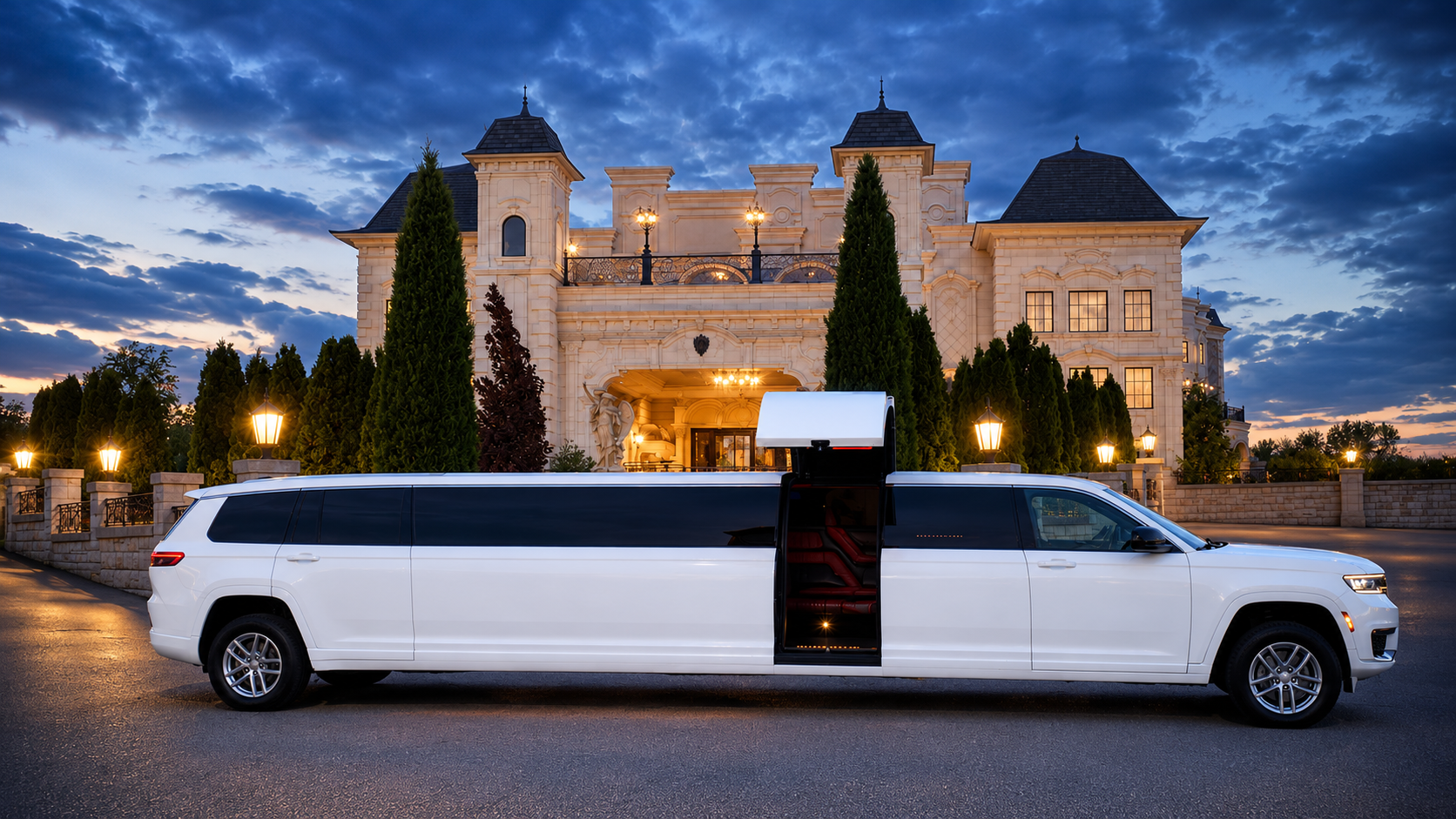 White stretch limousine in front of an elegant estate at dusk